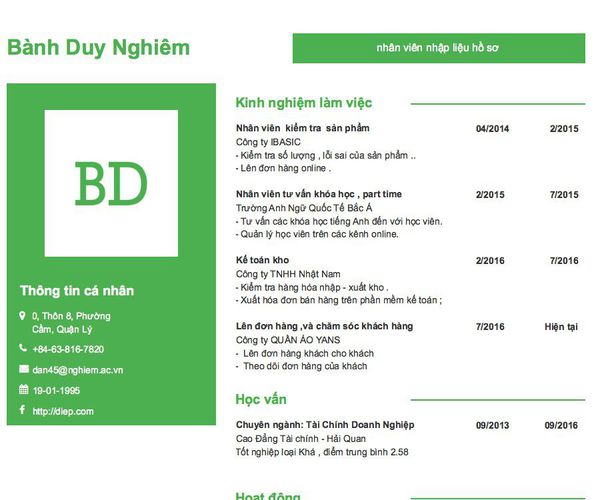Mẫu CV nhân viên nhập liệu hồ sơ