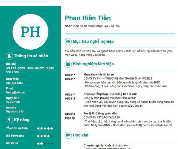 Gợi ý cách viết Mẫu CV tham khảo Nhân viên hành chính nhân sự - hà nội