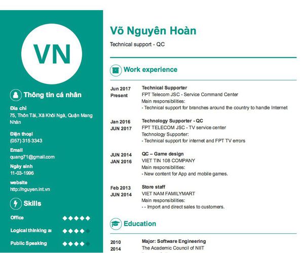 Mẫu CV Technical support - QC