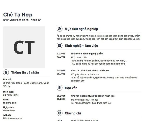 Mẫu CV Nhân viên Hành chính - Nhân sự