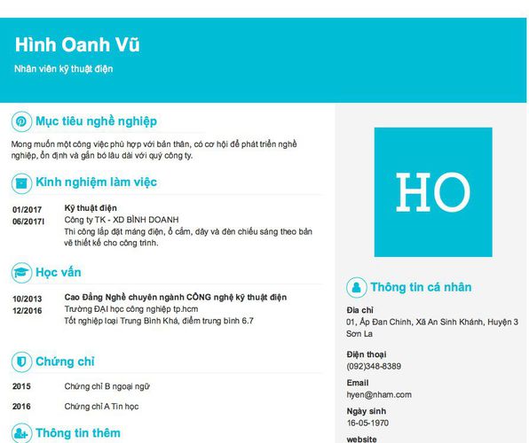 Mẫu CV Nhân viên kỹ thuật điện