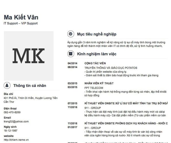 Mẫu CV IT Support – VIP Support