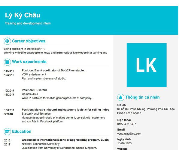 Mẫu CV Training and development Intern