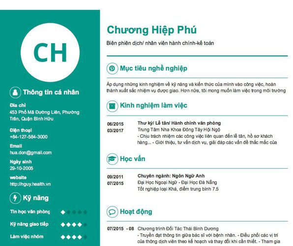 Mẫu CV Biên phiên dịch/ nhân viên hành chính-kế toán