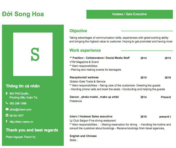 Mẫu CV Hostess / Sale Executive