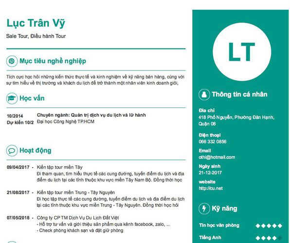 Mẫu CV Sale Tour, Điều hành Tour