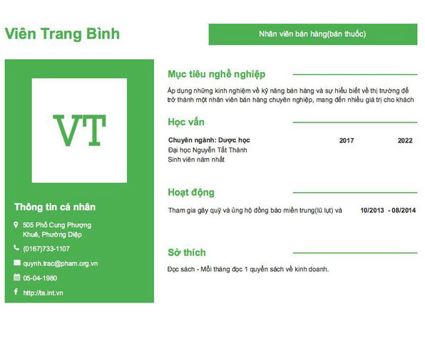 Mẫu CV Nhân viên bán hàng(bán thuốc)