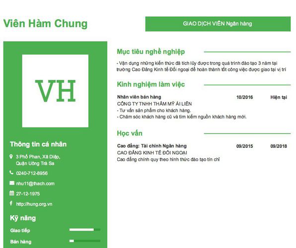 Mẫu CV GIAO DỊCH VIÊN Ngân hàng