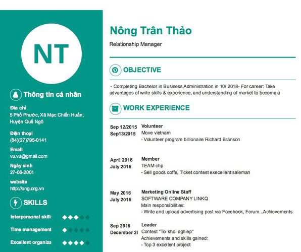 Mẫu CV Relationship Manager