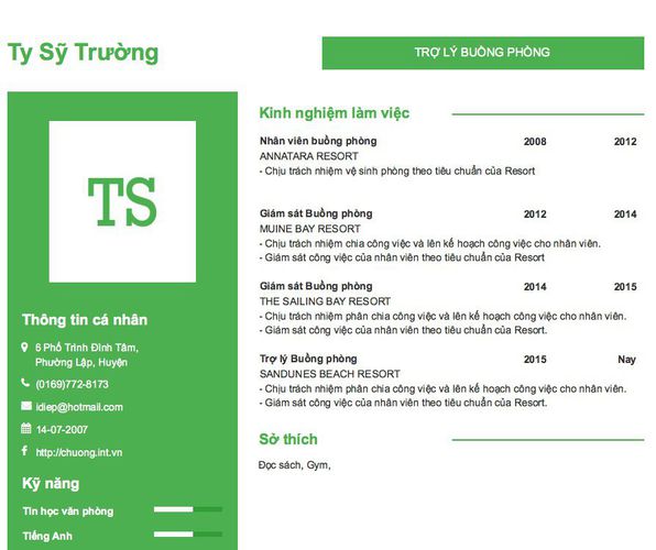 Mẫu CV TRỢ LÝ BUỒNG PHÒNG