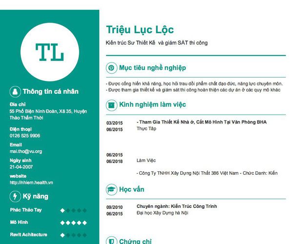 Mẫu CV Kiến trúc Sư Thiết Kế  và giám SÁT thi công