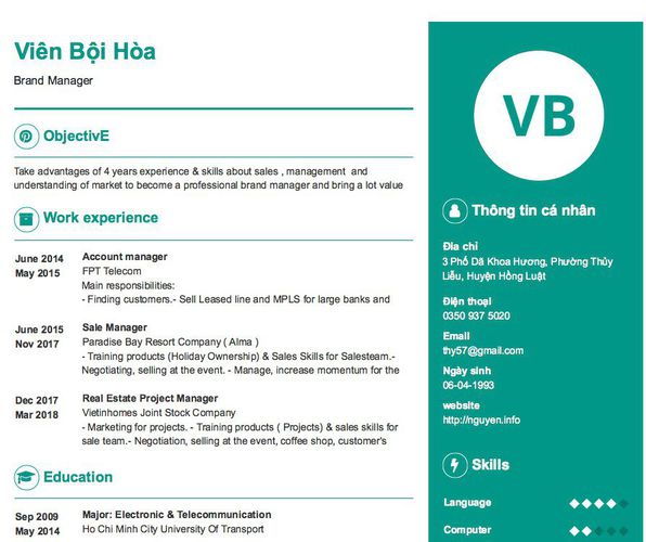 Mẫu CV Brand Manager