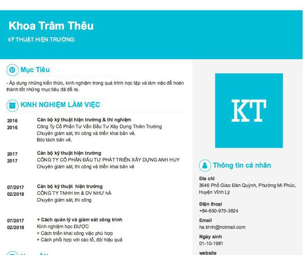 Mẫu CV kỸ THUẬT HIỆN TRƯỜNG