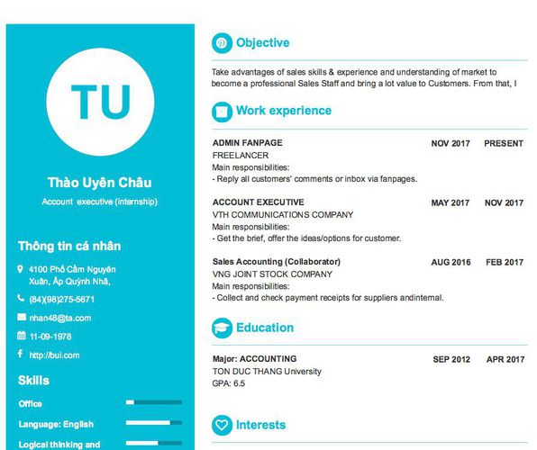 Mẫu CV Account  executive (internship)