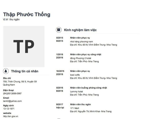 Mẫu CV Vị trí  thu ngân