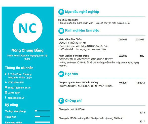 Mẫu CV Nhân viên IT/Quản trị mạng/quản trị hệ thống