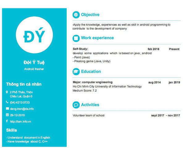 Mẫu CV Android fresher
