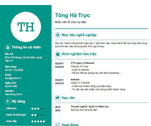 Mẫu CV Nhân viên tổ chức sự kiện