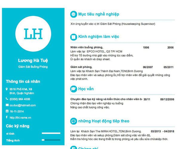 Mẫu CV Giám Sát Buồng Phòng