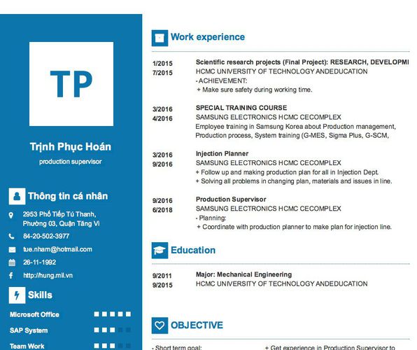 Mẫu CV production supervisor