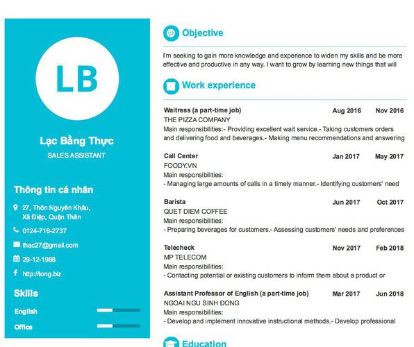 Mẫu CV SALES ASSISTANT