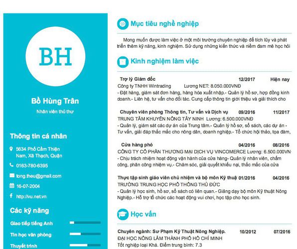 Mẫu CV Nhân viên thủ thư