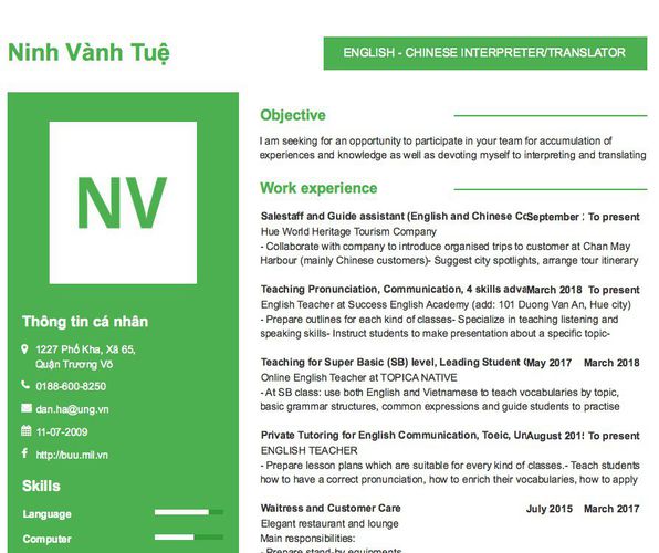 Mẫu CV ENGLISH - CHINESE INTERPRETER/TRANSLATOR