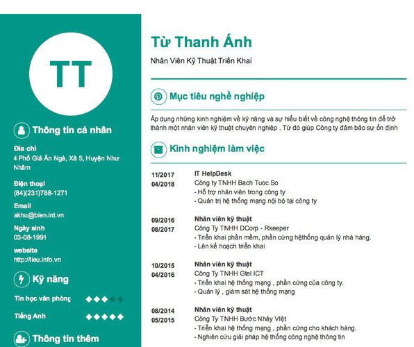 Mẫu CV Nhân Viên Kỹ Thuật Triển Khai