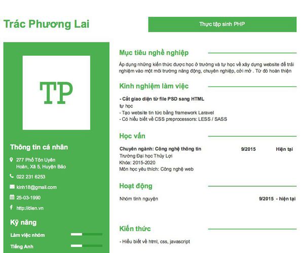 Mẫu CV Thực tập sinh PHP