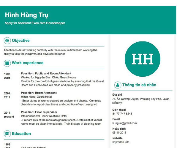 Mẫu CV Apply for Assistant Executive Housekeeper