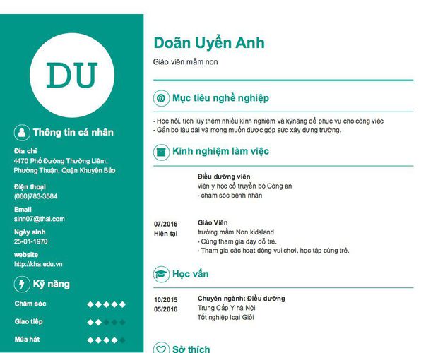 Mẫu CV Giáo viên mầm non