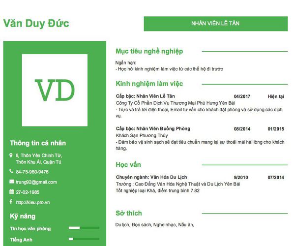 Mẫu CV NHÂN VIÊN LỄ TÂN