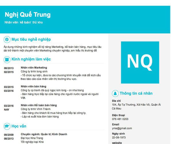 Mẫu CV Nhân viên  kế toán/  thủ kho