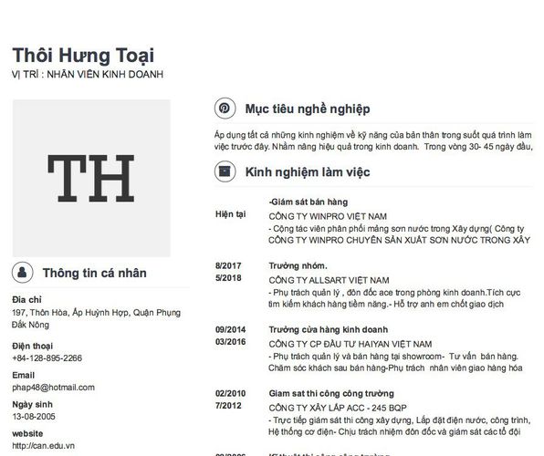 Mẫu CV VỊ TRÍ : NHÂN VIÊN KINH DOANH