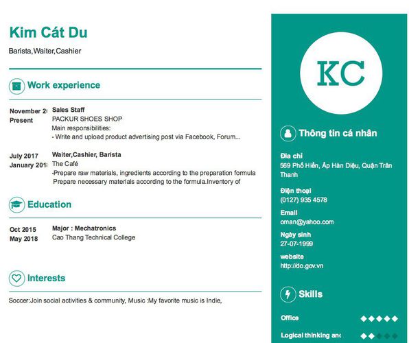 Mẫu CV Barista,Waiter,Cashier