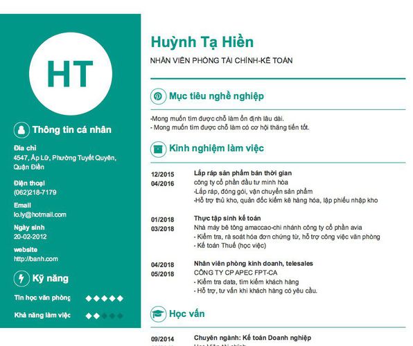 Gợi ý cách viết Mẫu CV tham khảo NHÂN VIÊN PHÒNG TÀI CHÍNH-KẾ TOÁN