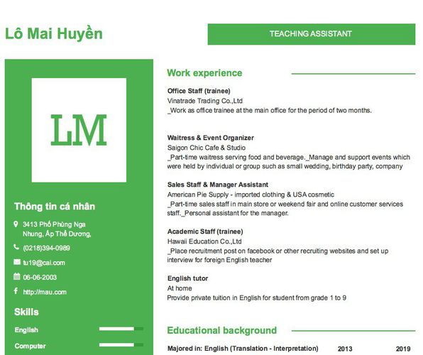 Mẫu CV TEACHING ASSISTANT