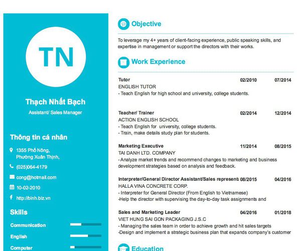 Mẫu CV Assistant/ Sales Manager