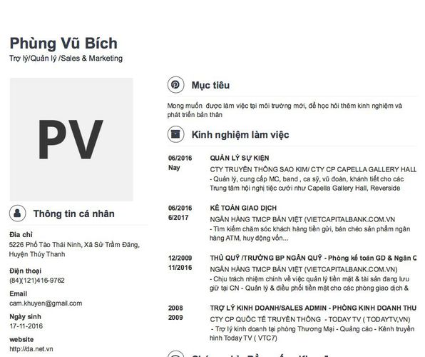 Mẫu CV Trợ lý/Quản lý /Sales & Marketing