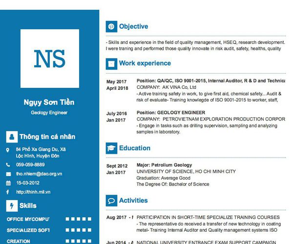 Mẫu CV Geology Engineer