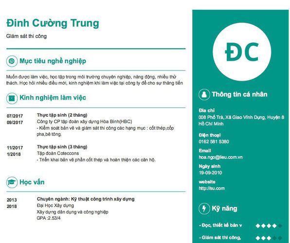 Mẫu CV GIám sát thi công