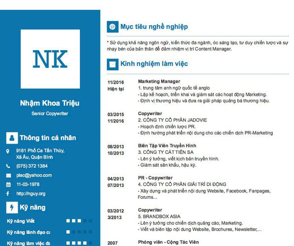 Mẫu CV Senior Copywriter