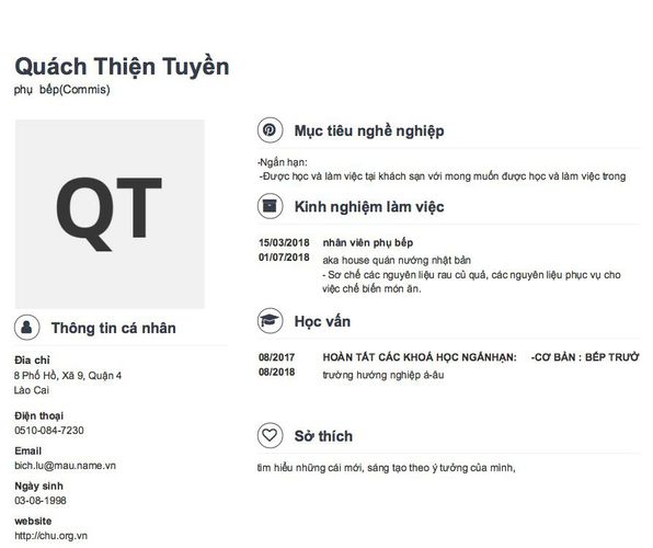 Mẫu CV phụ  bếp(Commis)