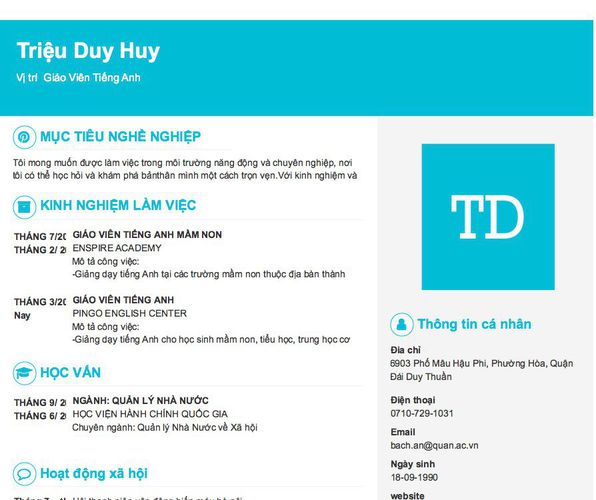 Mẫu CV Vị trí  Giáo Viên Tiếng Anh