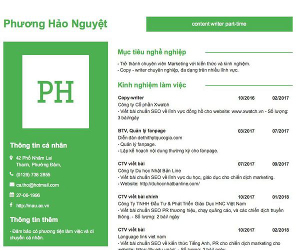 Mẫu CV content writer part-time