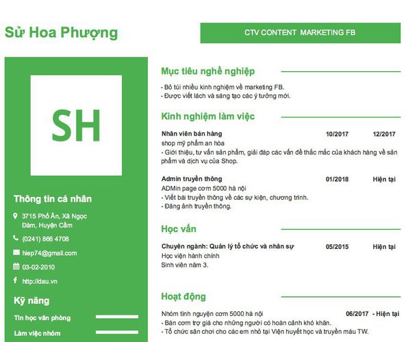 Mẫu CV CTV CONTENT  MARKETING FB