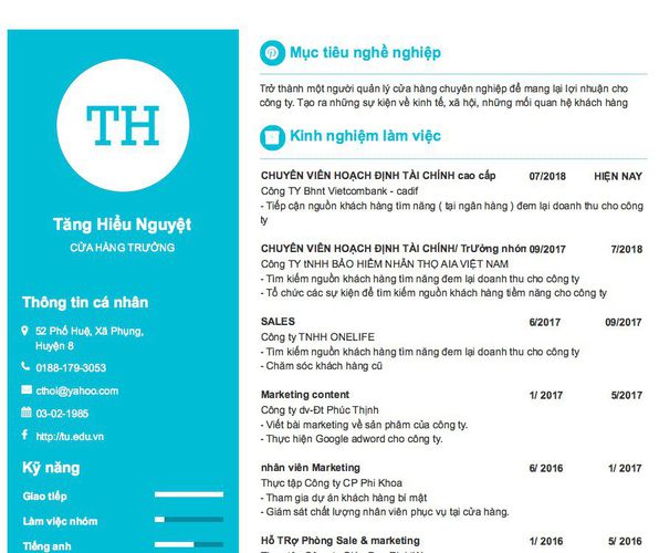 Mẫu CV CỬA HÀNG TRƯỞNG