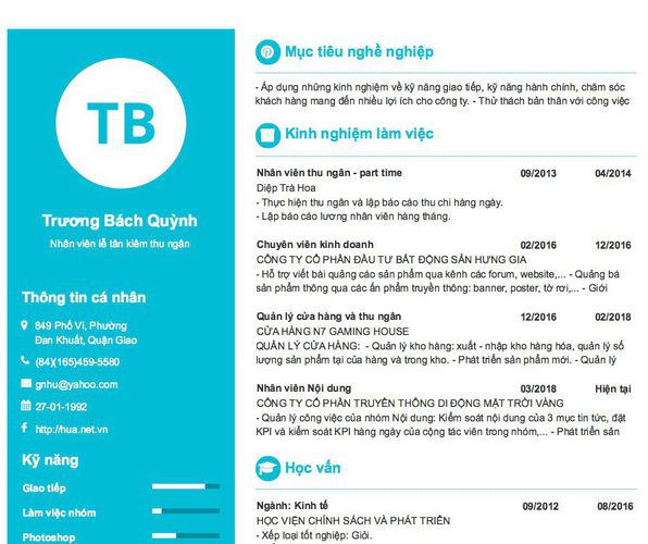 Mẫu CV Nhân viên lễ tân kiêm thu ngân