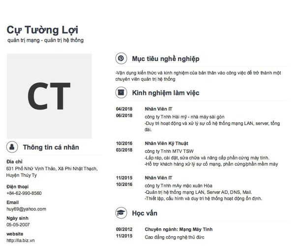 Mẫu CV  quản trị mạng - quản trị hệ thống