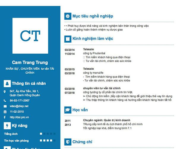 Gợi ý cách viết Mẫu CV tham khảo NHÂN SỰ , CHUYÊN VIÊN  tư vấn TÀI CHÍNH